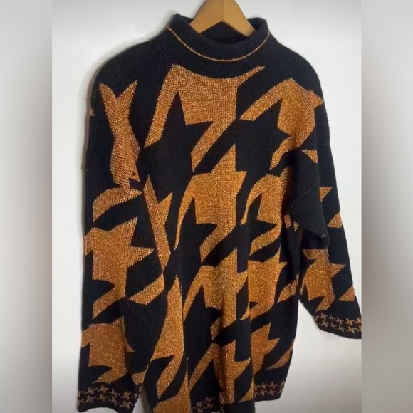 Vintage 80s Lurex Knit Copper Houndstooth Mockneck Abstract Sweater - Picture 3 of 8